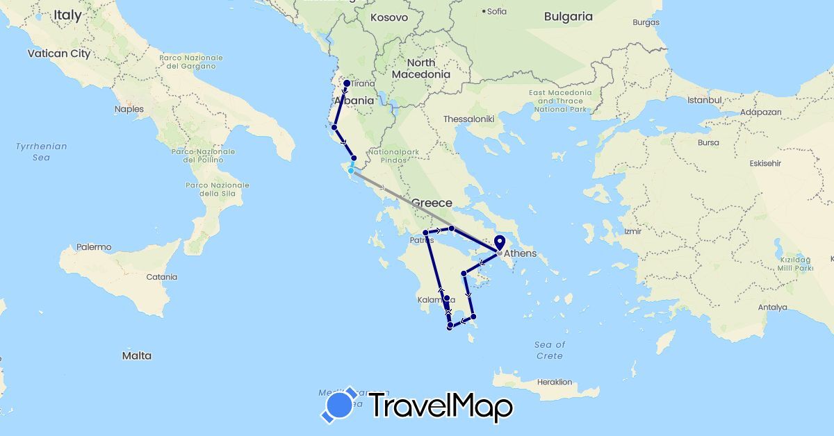 TravelMap itinerary: driving, plane, boat in Albania, Greece (Europe)